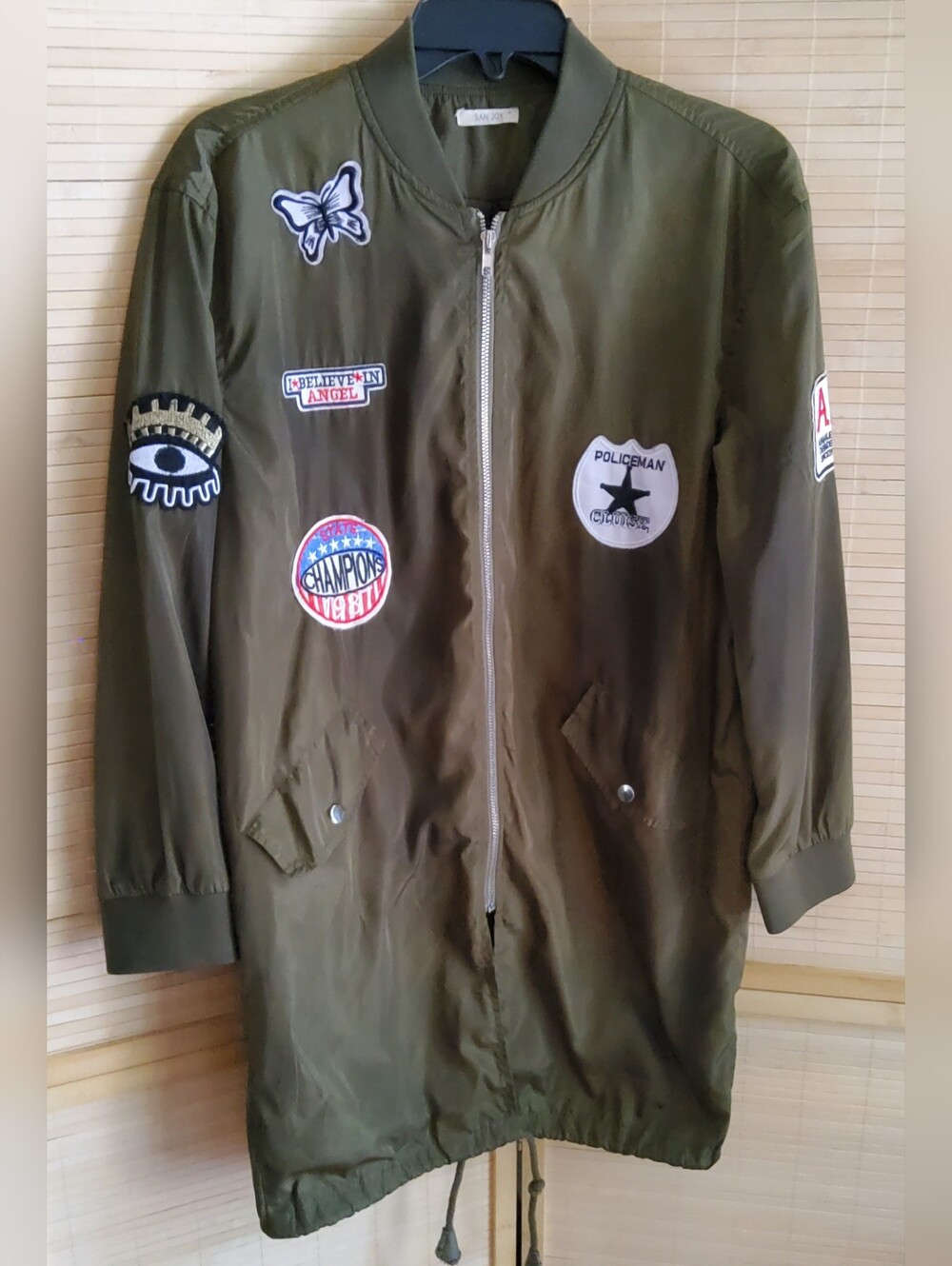 Sanjoy -Olive Patchwork Long Bomber Jacket